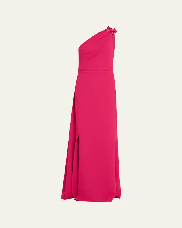 Draped One-Shoulder Floral Applique Gown